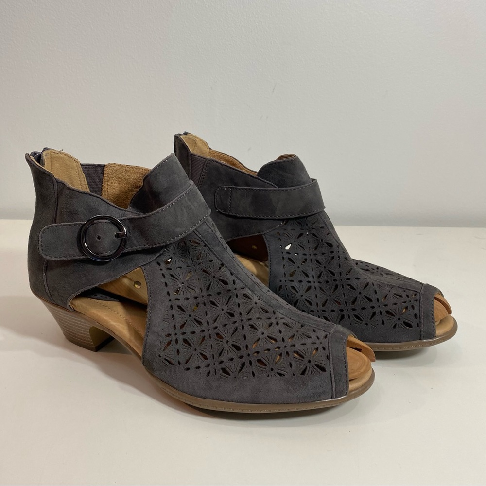 Earth Silky Suede Kelsey Perforated Leather Peep Toe Gray Booties